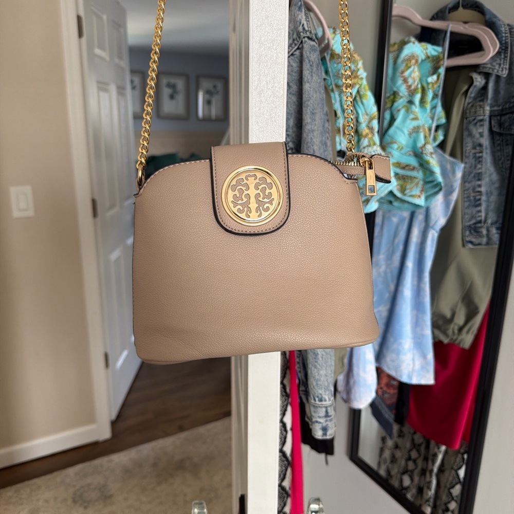 Taupe Leather Crossbody Bag with Gold Accent